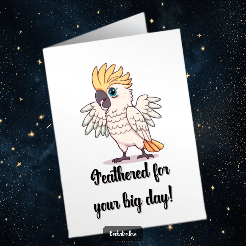 Funny Free Printable Birthday Card: a proud cockatoo striking a dramatic, show-stopping pose with flair.