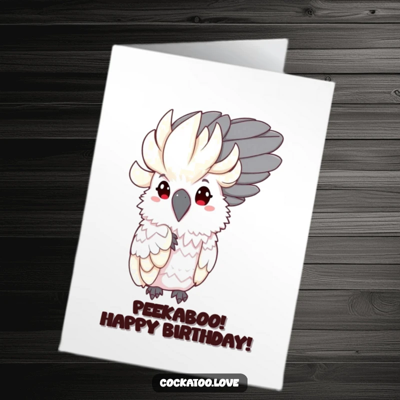 Funny Free Printable Birthday Card: A shy cockatoo's curious eyes peeking out from behind a giant, soft feather, full of gentle mischief.