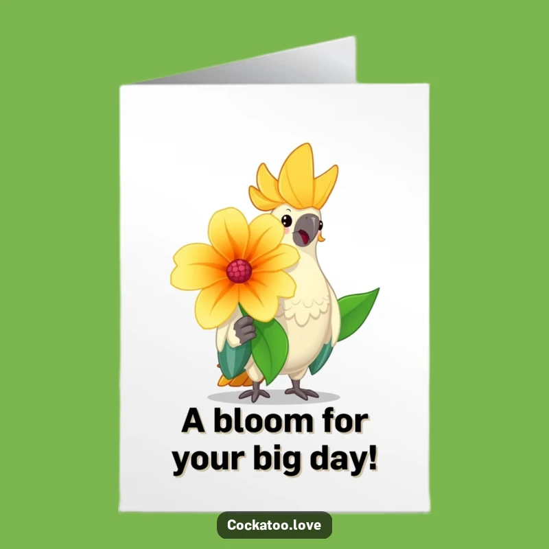Free Printable Cheerful Cockatoo Birthday Card: Flower Offering Design - Instant Download