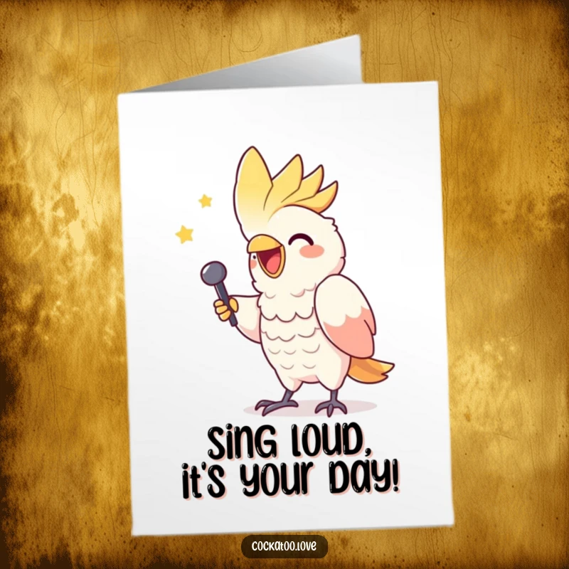 Funny Free Printable cockatoo character gleefully mimicking a triumphant singer, belting out birthday wishes with flair.