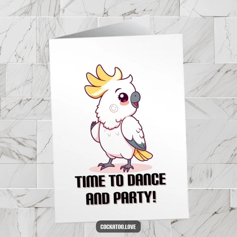 Funny Free Printable Birthday Card: Cockatoo doing a hilarious little shuffle dance with feathered flair.