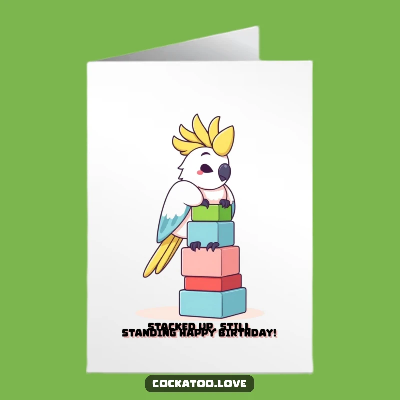 Funny Free Printable Birthday Card: Balancing Cockatoo Blocks - DIY Laughs!