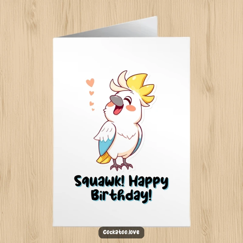 Funny Free Printable Birthday Card: a cockatoo character cheerfully mimicking a comical sound, guaranteed to amuse.