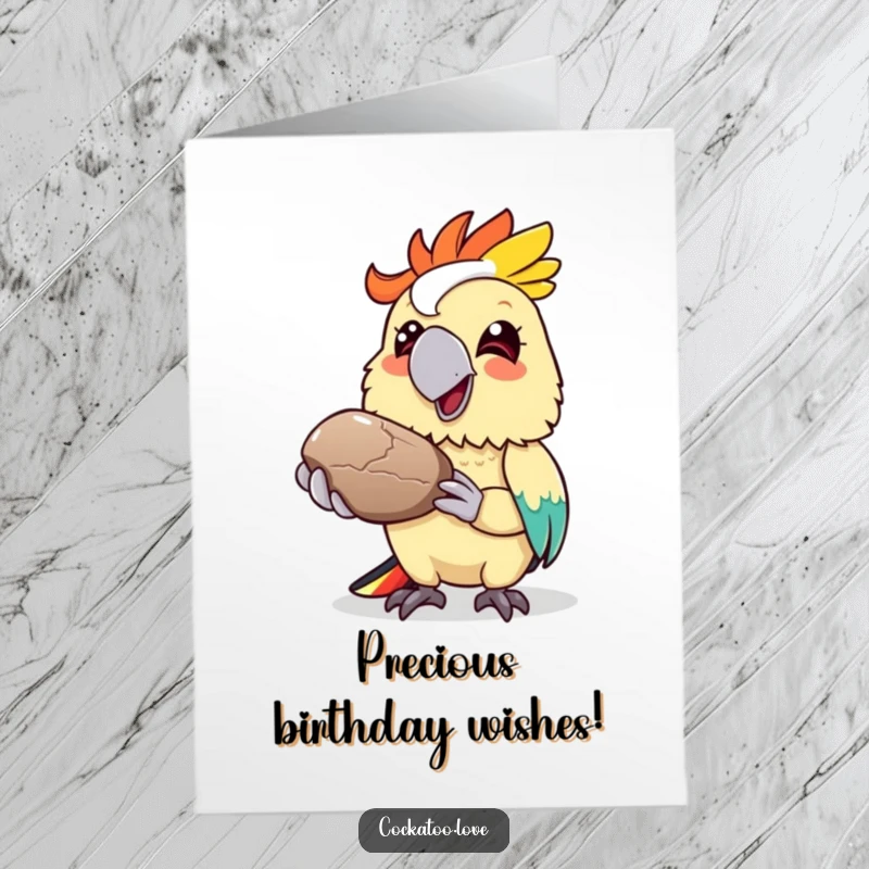 Funny Free Printable Birthday Card: a colorful cockatoo offering a shiny pebble with a wide, cheerful grin.