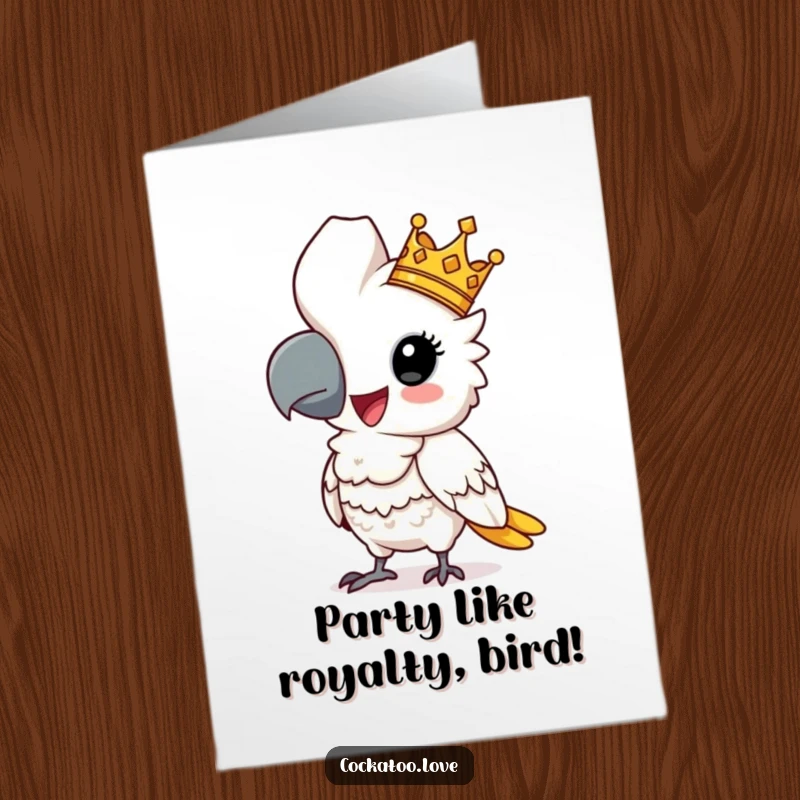Funny Free Printable Cockatoo Birthday Card: A comical cockatoo wearing a tiny crown, striking a regal pose for a hilarious greeting.