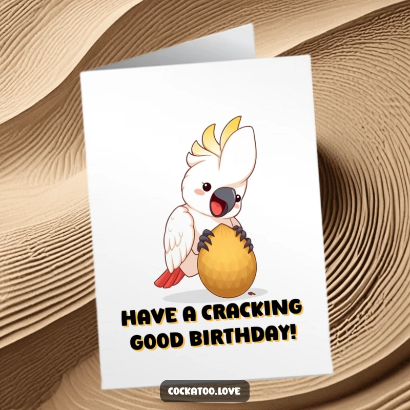 Free printable birthday card of a happy cockatoo bird enthusiastically pecking at a large, delicious seed.