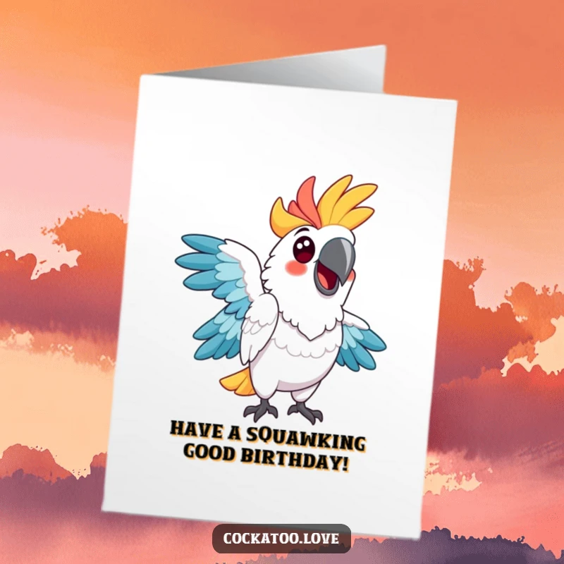Funny Free Printable Birthday Card: A cheerful cockatoo with vibrant feathers strikes a delightfully silly pose, bringing smiles.