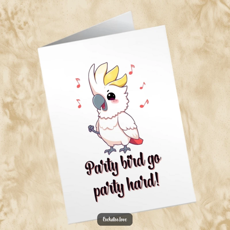 Funny Free Printable Birthday Card: Cockatoo bobbing head to music, spreading joy and laughter, perfect for a downloadable gift.