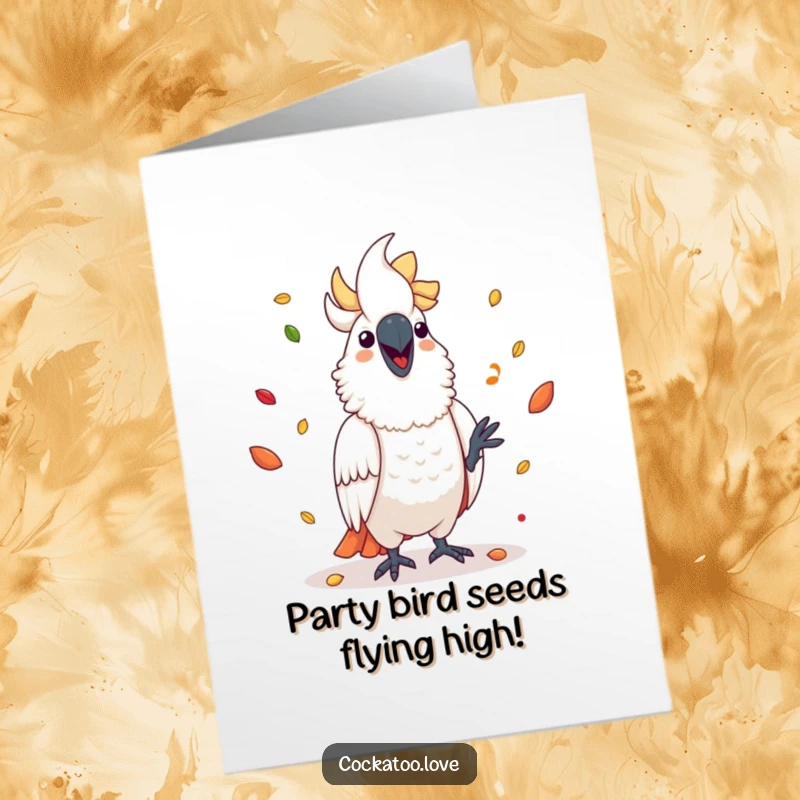 Funny Free Printable Birthday Card: Cheerful cockatoo expertly juggling a rainbow of colorful seeds, spreading laughter and birthday cheer.