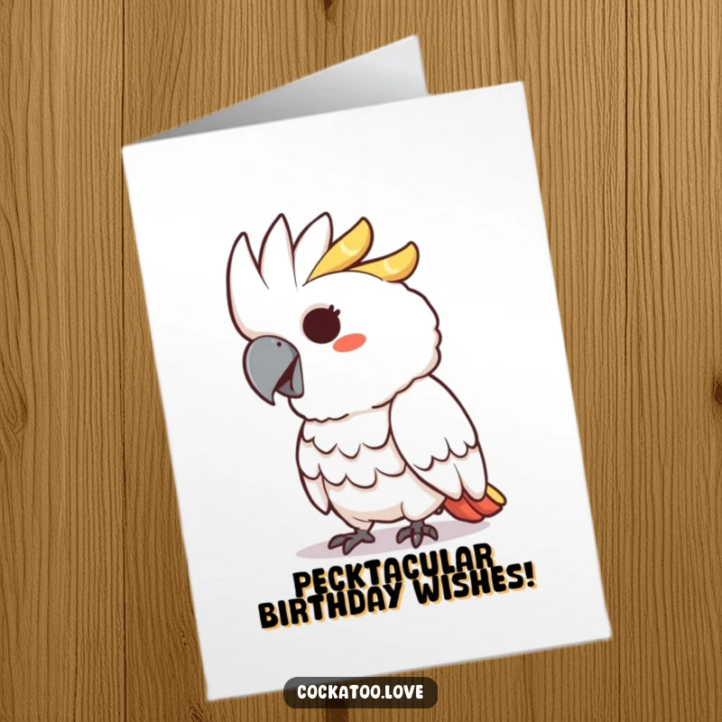 Funny Free Printable cockatoo character with a mischievous grin playfully pecking, delivering birthday wishes with a wink.