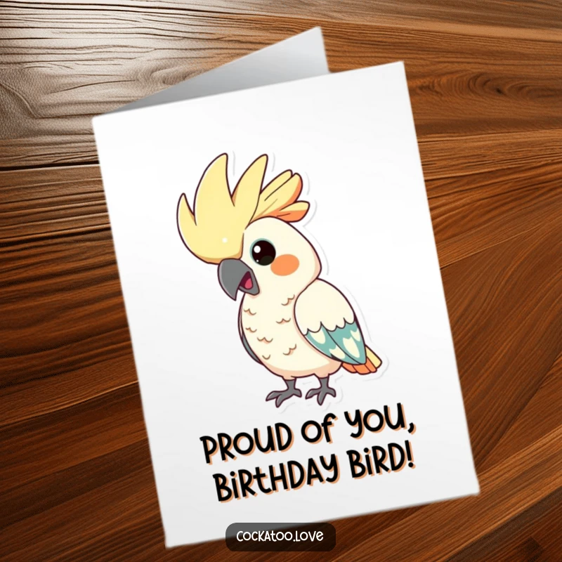 Funny Free Printable Birthday Card: Cockatoo with crest puffed up, looking comically proud and ready to celebrate.
