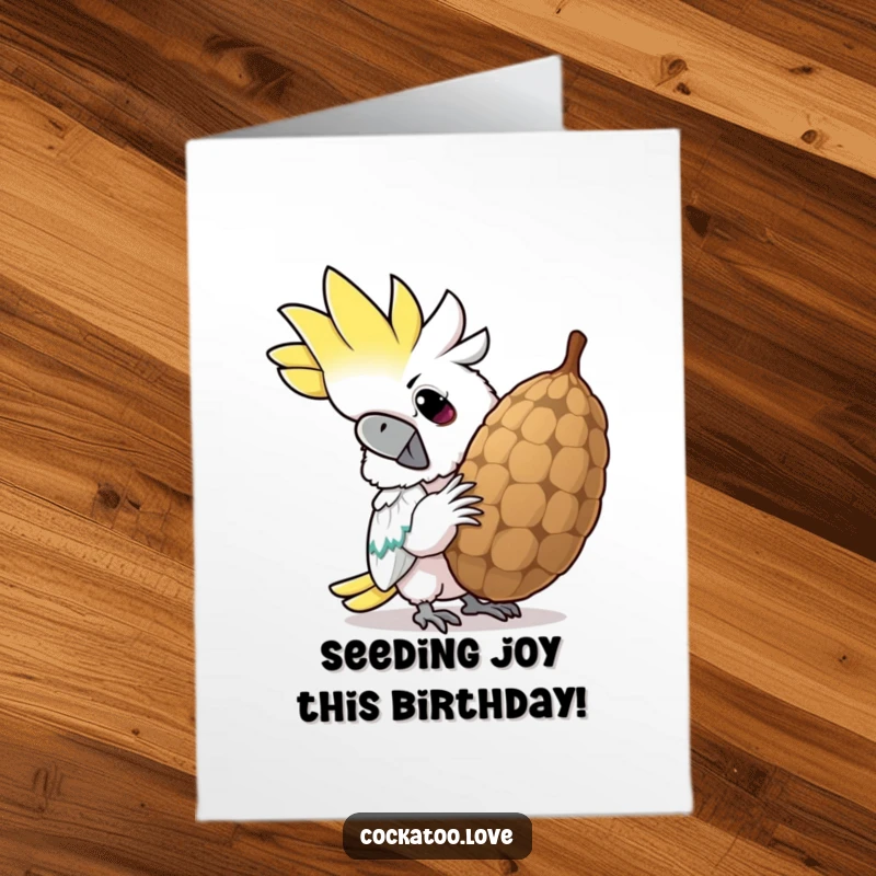 Funny Free Printable Birthday Card: Cockatoo cracking a giant seed with a determined grin, ready to party.