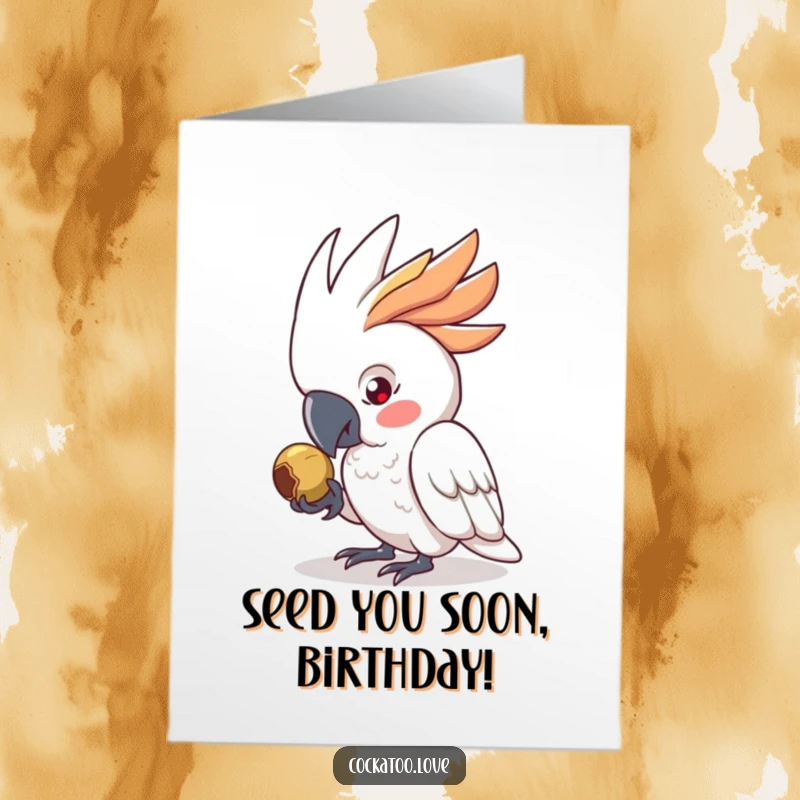 Funny Free Printable Birthday Card: Determined cockatoo pecking seed intently, a humorous downloadable greeting for bird enthusiasts.
