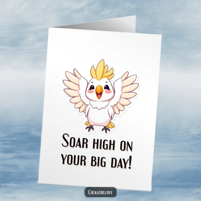 Funny Free Printable Birthday Card featuring a cockatoo with wings spread wide in pure, unadulterated joy.