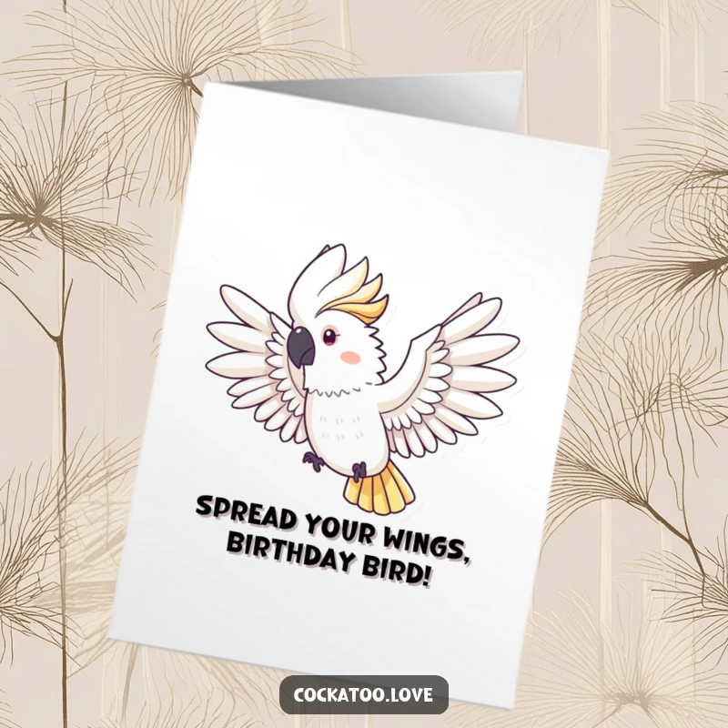 Free Printable Birthday Card: A white cockatoo with wide-open wings is captured mid-leap, symbolizing freedom and joy.