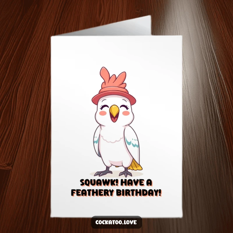 Funny Free Printable birthday card: A cockatoo in a tiny hat squawking gleefully, ready to celebrate.