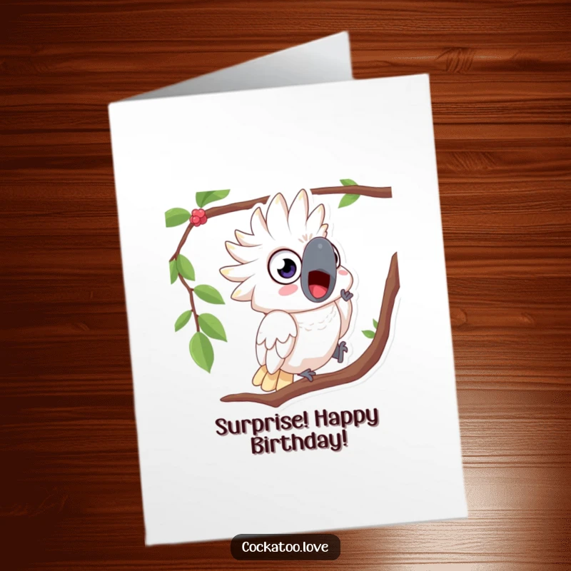 Funny Free Printable Birthday Card shows a surprised cockatoo with wide eyes tumbling awkwardly from a tree branch.