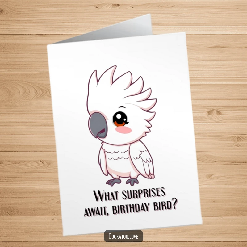Funny Free Printable Birthday Card: A curious cockatoo tilting its head inquisitively, wondering about the cake.