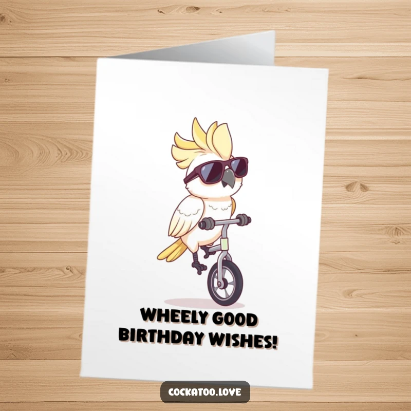 Funny Free Printable Birthday Card: Cockatoo in sunglasses riding a unicycle, spreading joy and birthday cheer.