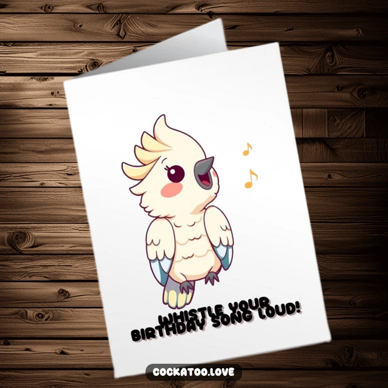Funny Free Printable Birthday Card: A cockatoo with its beak open, happily whistling a cheerful, invisible melody.