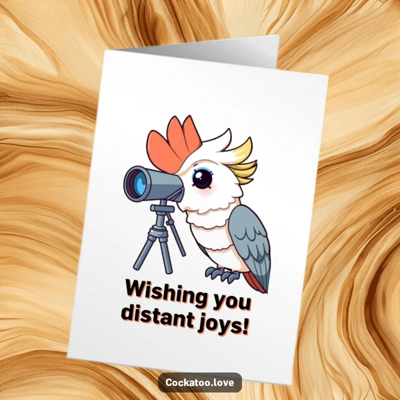 Free Printable Cockatoo Birthday Card: A curious cockatoo peers through a telescope with wonder, sending birthday greetings.