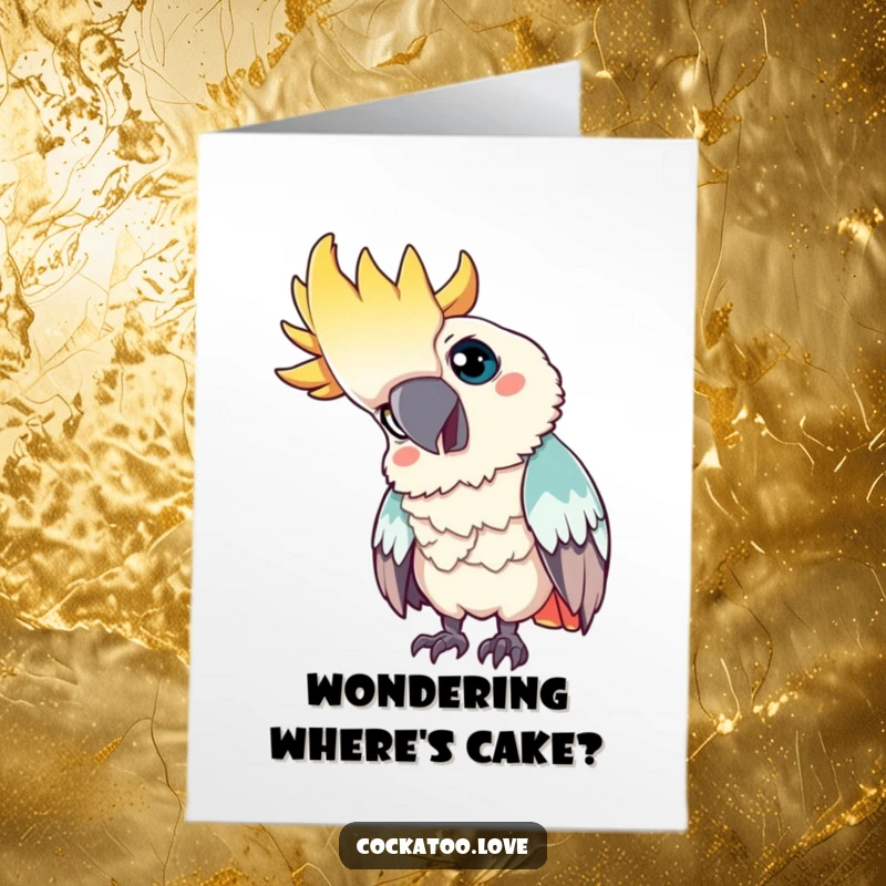Free Printable Birthday Card: A curious cockatoo tilting its head, looking intently at something with interest.