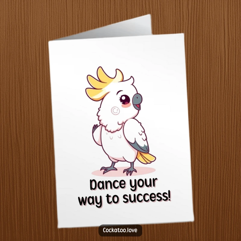Funny Free Printable Congratulations Card: Cockatoo performing a funny shuffle dance to celebrate a victory.