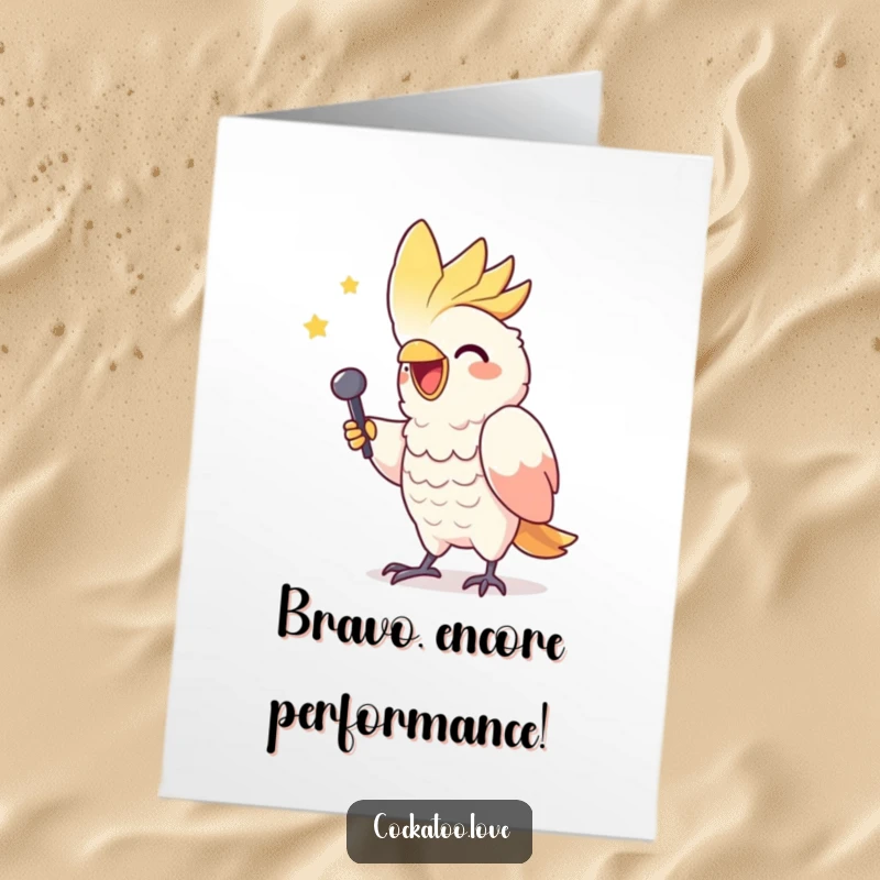 Funny Free Printable cockatoo character mimicking a triumphant singer, celebrating a successful performance with a loud bravo.