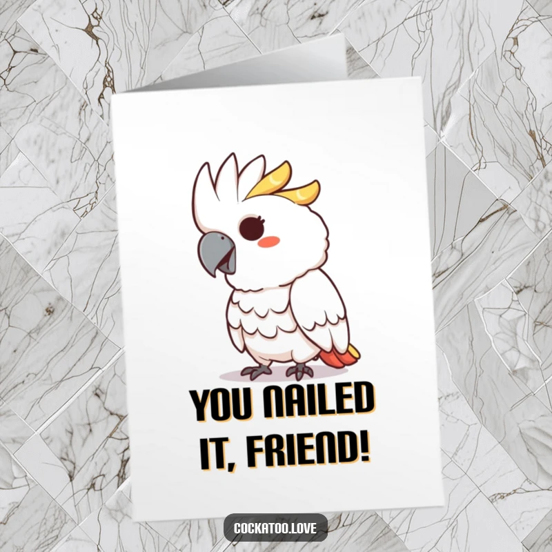 Funny Free Printable cockatoo character with a mischievous grin playfully pecking, offering a cheeky congratulations.