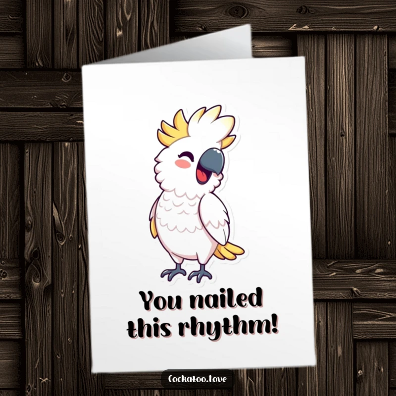 Funny Free Printable Congrats Card: Cockatoo bobbing rhythmically with a smile, a humorous downloadable greeting for celebrations.