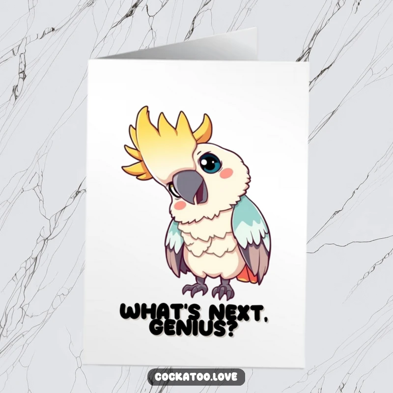 Free Printable Congratulations Card: A curious cockatoo tilts its head, showing a keen interest in something.
