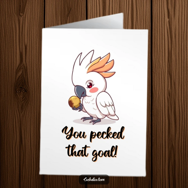 Funny Free Printable Congrats Card: Focused cockatoo pecking a seed, a humorous downloadable greeting for celebrating achievements.