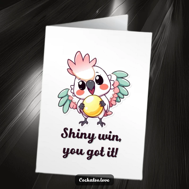 Free Printable Congratulations Card: A playful cockatoo offering a small, shiny object as a congratulatory token.