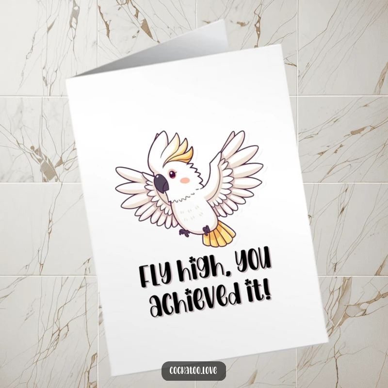 Free Printable Congratulations Card: A cockatoo spreads its wings wide, ready to soar, signifying a triumphant new chapter.