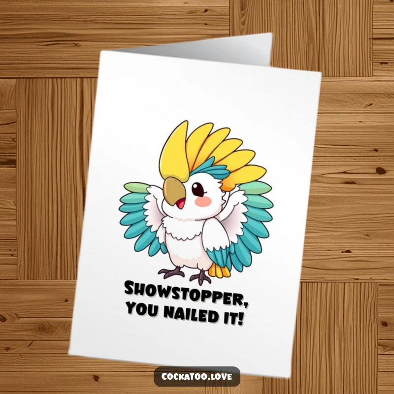 Free Printable Congratulations Card: A lively cockatoo fanning its colorful crest in a moment of pure excitement.