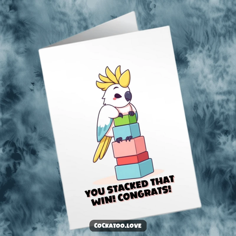 Funny Free Printable Congratulations Card: A cockatoo wobbles with a colorful stack of blocks, celebrating success humorously.