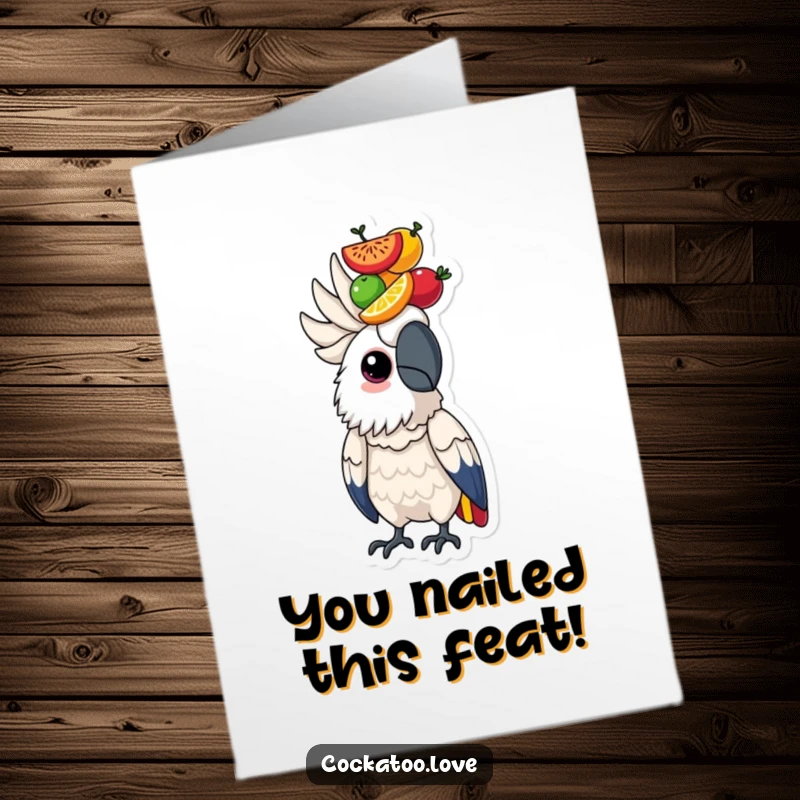 Free printable congratulations card showing a determined cockatoo masterfully balancing a stack of colorful fruits on its head, signifying achievement.