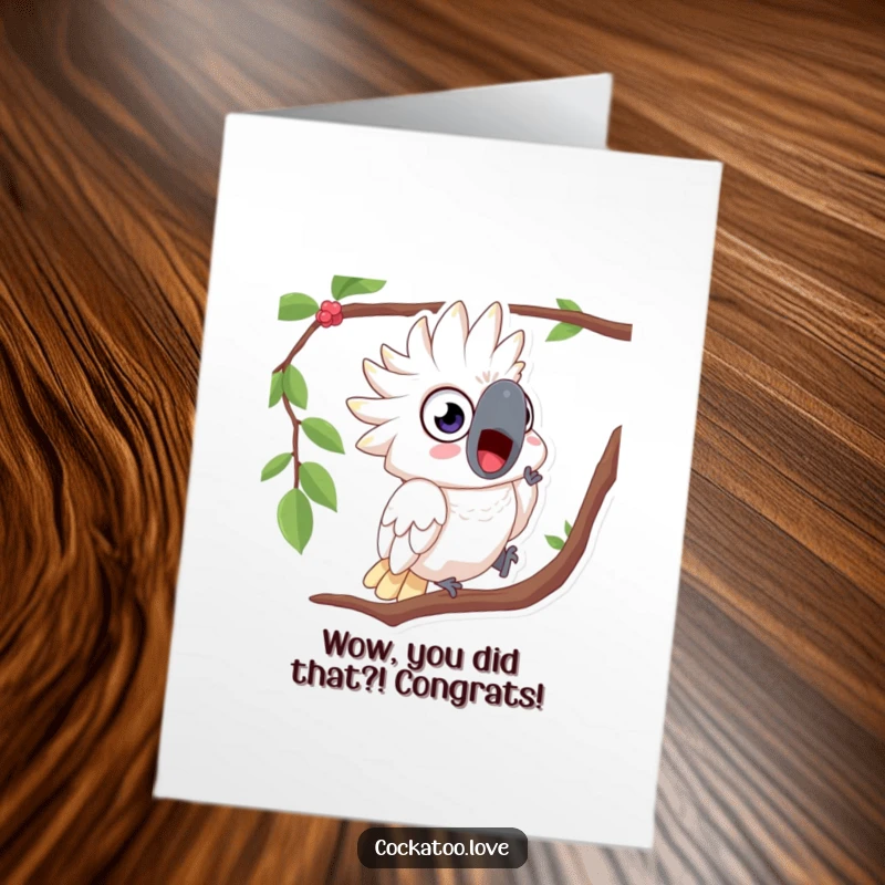 Funny Free Printable Congratulations Card features a surprised cockatoo with wide eyes mid-tumble from a branch.