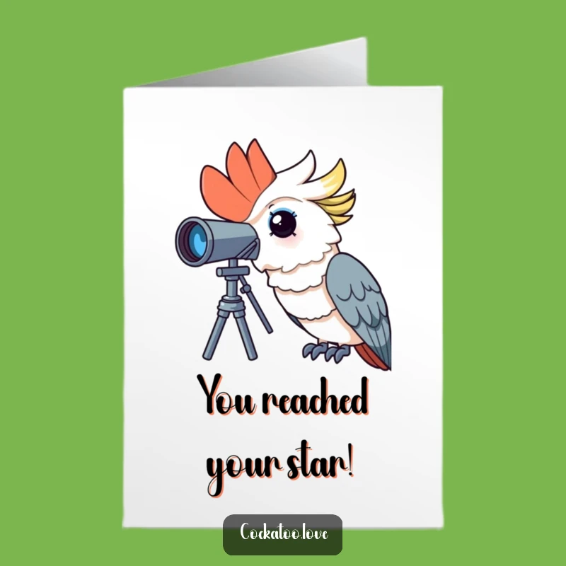 Free Printable Curious Cockatoo Congrats Card: Telescope Discovery - Easy Print