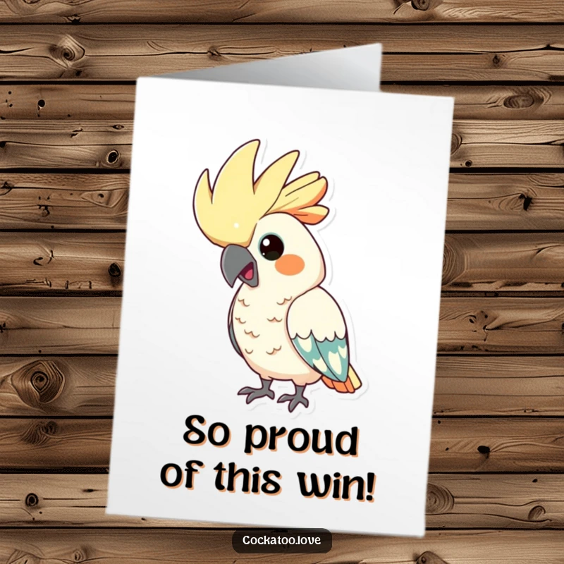 Funny Free Printable Congratulations Card: Cockatoo with a comically proud, puffed-up crest celebrating a win.