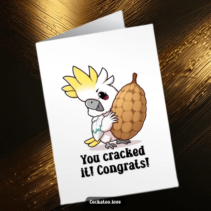 Funny Free Printable Congratulations Card: Cockatoo with a determined grin cracking a giant seed in celebration.