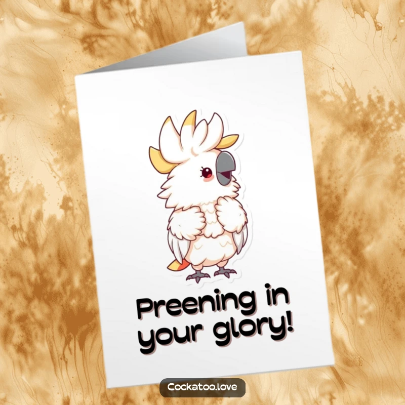Funny Free Printable Congratulations Card: a fluffy cockatoo bird preening happily, showing off its delightful feathers.