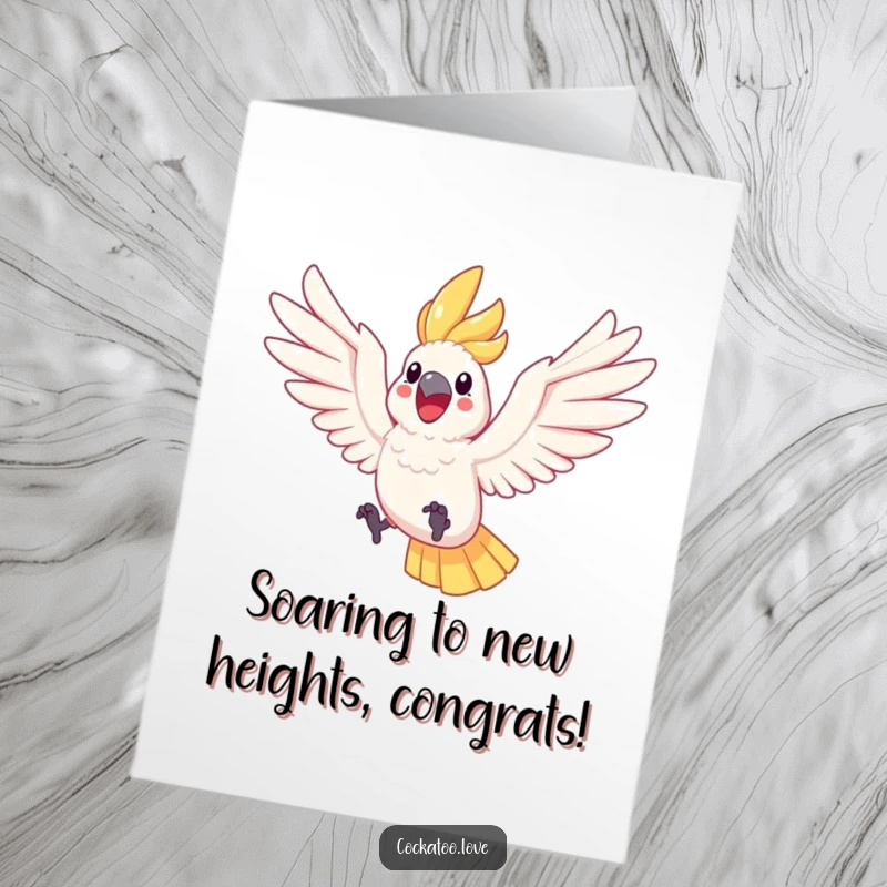 Funny Free Printable congratulations card: A cockatoo with outstretched wings, joyfully leaping through the air to celebrate.