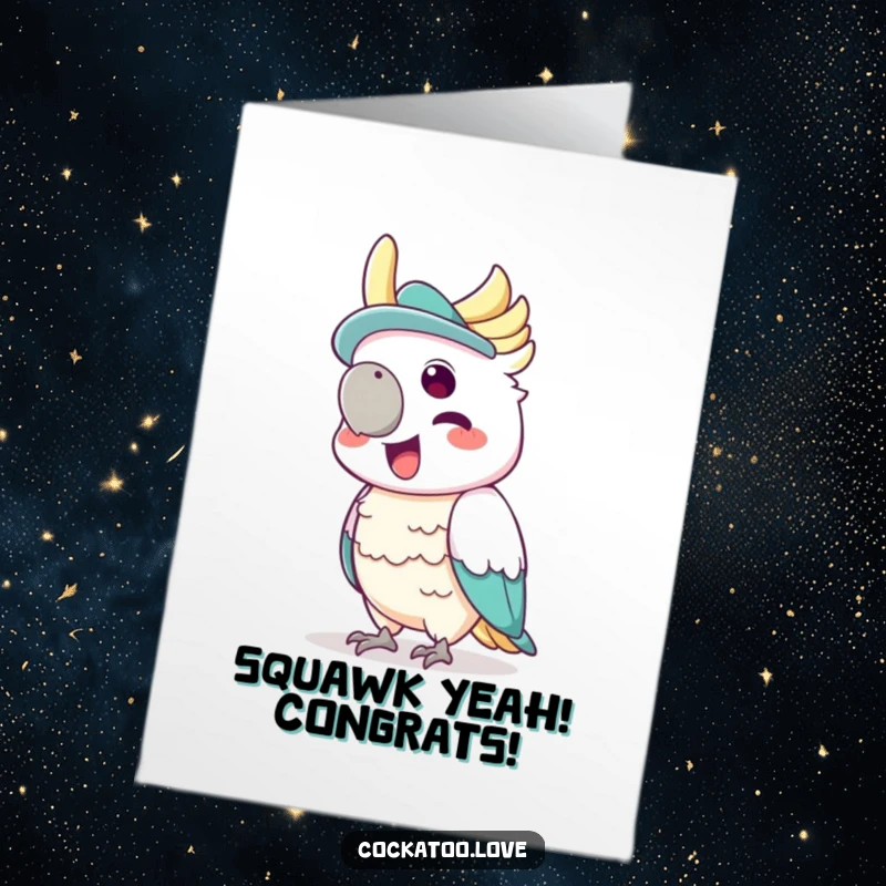 Funny Free Printable Congratulations Card: A cockatoo sporting a small hat, squawking gleefully to celebrate an achievement.