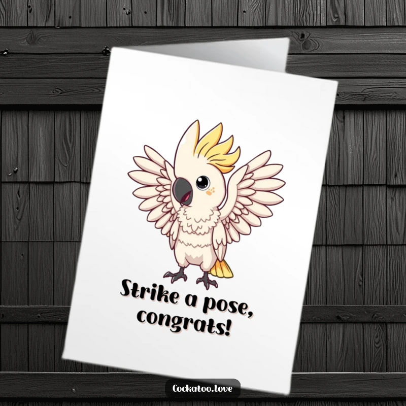 Funny Free Printable Congratulations Card: Cockatoo character mimicking a dramatic pose with wings, celebrating your spectacular win.