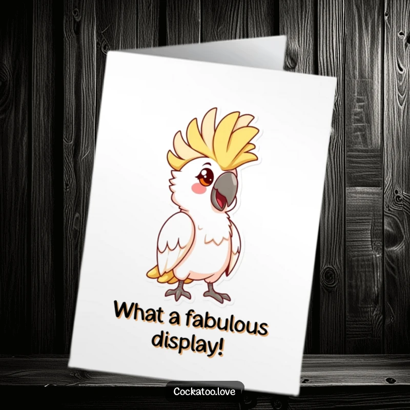 Funny Free Printable Congratulations Card: A cockatoo with its crest high, striking a proud and comically exaggerated pose for your celebration.