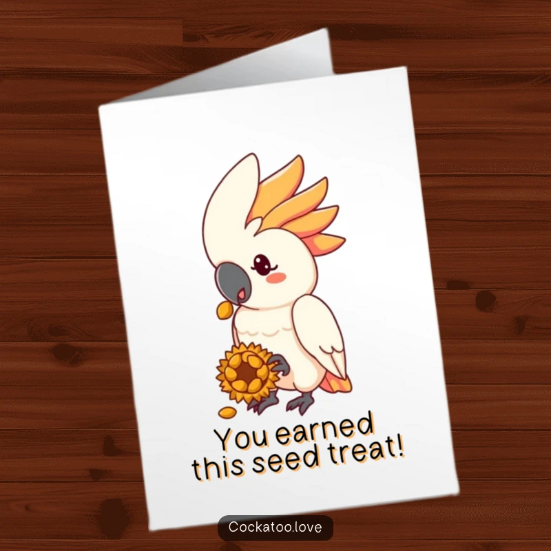 Funny Free Printable Congratulations Card: A cockatoo character presenting a sunflower seed treat, symbolizing a sweet reward for achievement.