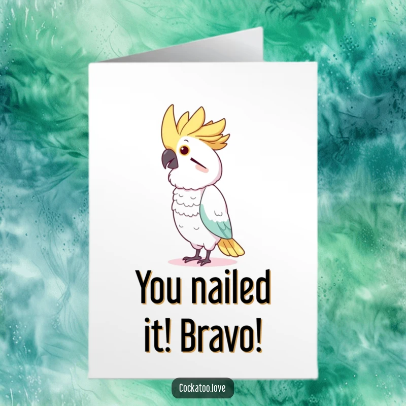 Funny Free Printable Congratulations Card: A delightful cockatoo mid-dance move, celebrating your amazing achievement with flair.