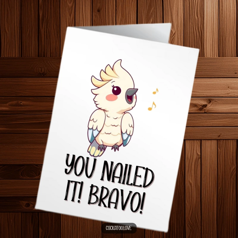 Free Printable Congratulations Card: A happy cockatoo whistles a cheerful tune, expressing pure delight and celebration.