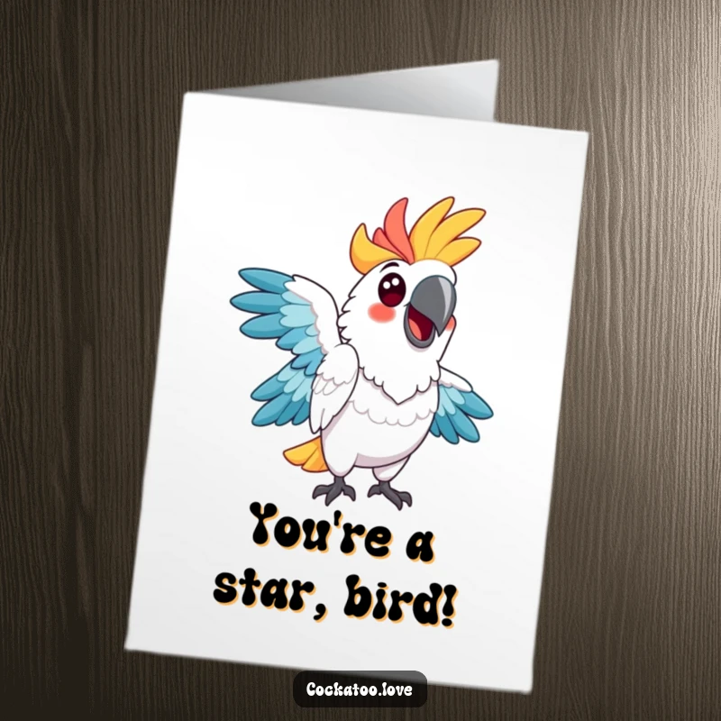 Funny Free Printable Congratulations Card: A vibrant cockatoo mimics a funny pose, celebrating accomplishments with playful charm.